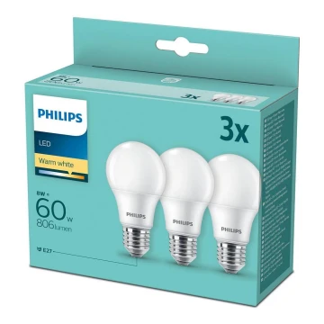 SET 3x LED Žarulja Philips A60 E27/8W/230V 2700K