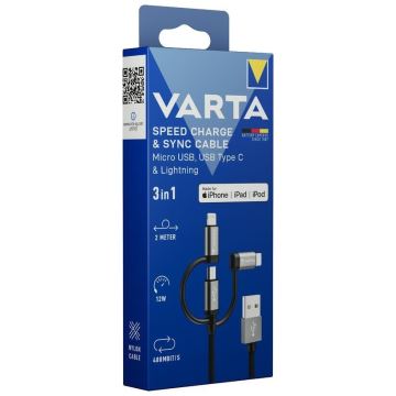 Varta 57937101111 - USB kabel 3u1 s konektorom Lightning i Micro USB 2m