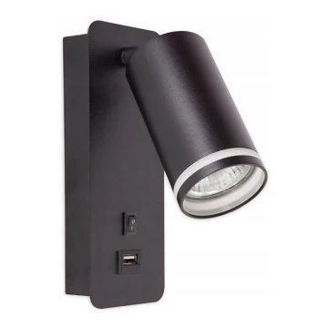 Zidna reflektorska svjetiljka s USB punjačem 1xGU10/35W/230V crna